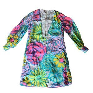 BH WRAGGE Vibrant Floral‎ Long Sleeve Dress  Deep V Neck Size Medium Retro